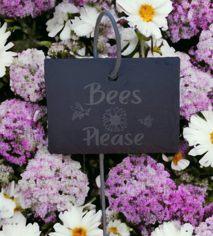 Buzzing with Charm: Engraved Slate Plant Marker - Bees Please