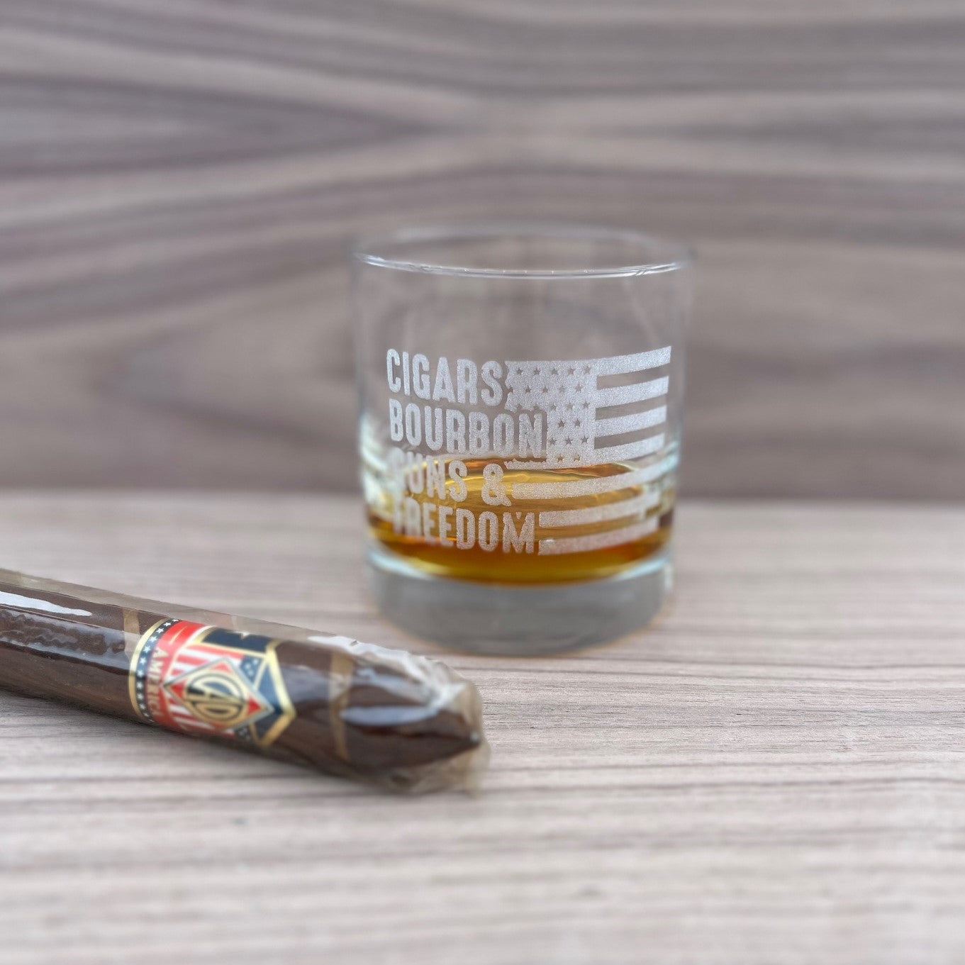 Cigars, Guns, Bourbon and Freedom - Engraved Whiskey Glass