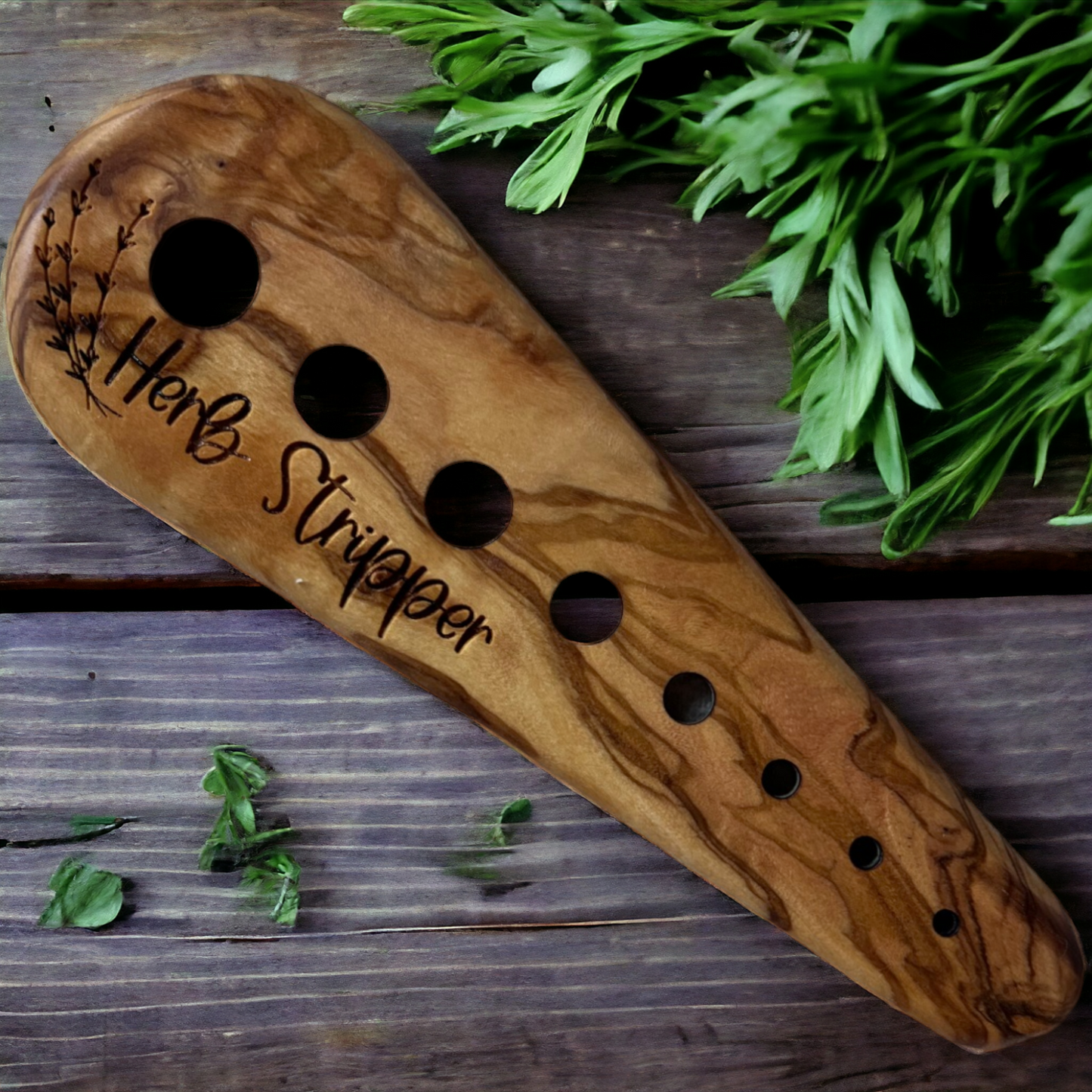 Personalized Herb Stripping Tool in Elegant Olive Wood