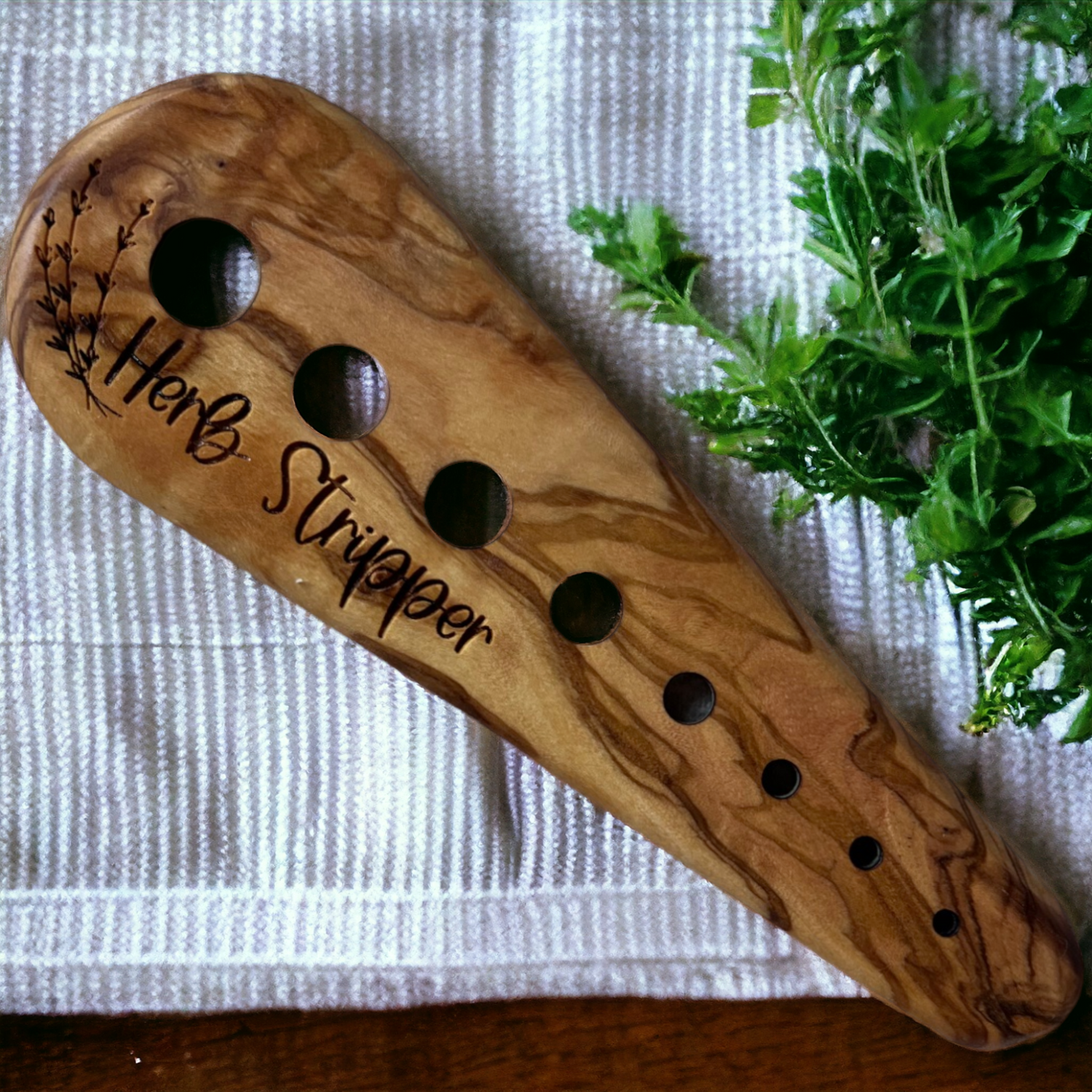 Personalized Herb Stripping Tool in Elegant Olive Wood
